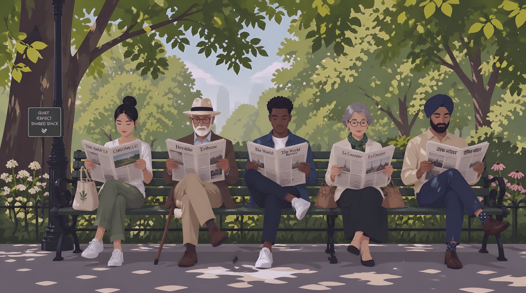 Five people of different ages and backgrounds sit on a park bench, each reading a different newspaper: The Daily Chronicle, Tribune, The World Review, Le Courrier, and one in Devanagari script.