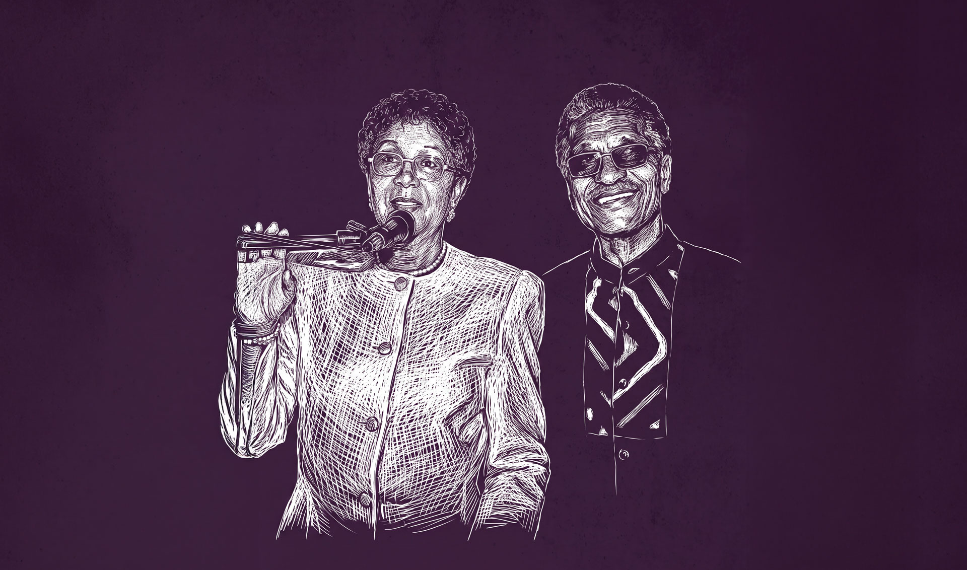 Line illustration of Joe and Ruthie Hopkins side by side, Ruthie speaking into a microphone, drawn in white on a deep plum ground.